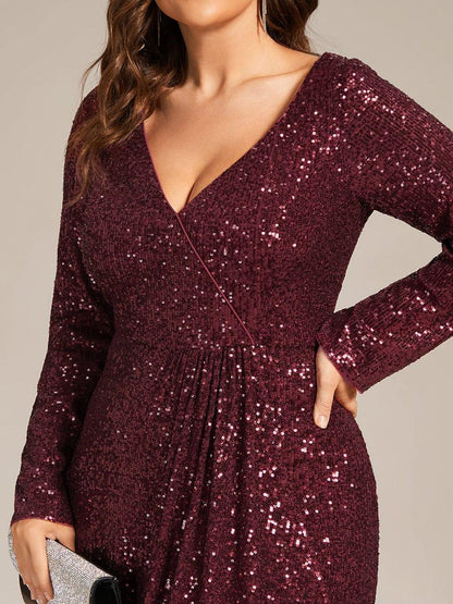ever SYREN|Sequin Long Sleeve V-neck Asymmetrical Hem Evening Dress