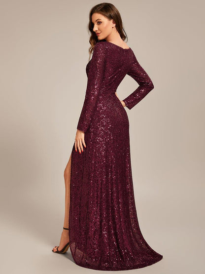 ever SYREN|Sequin Long Sleeve V-neck Asymmetrical Hem Evening Dress