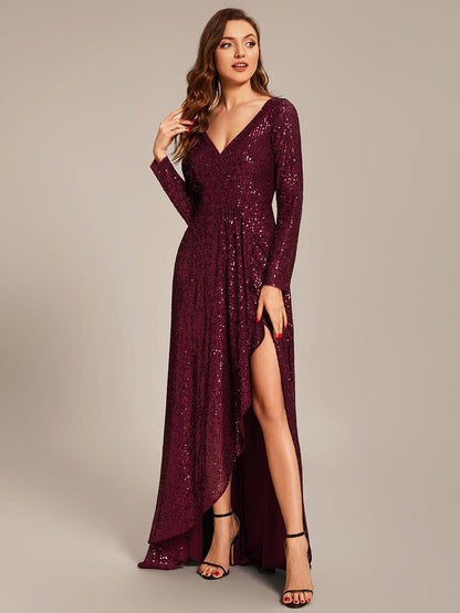 ever SYREN|Sequin Long Sleeve V-neck Asymmetrical Hem Evening Dress