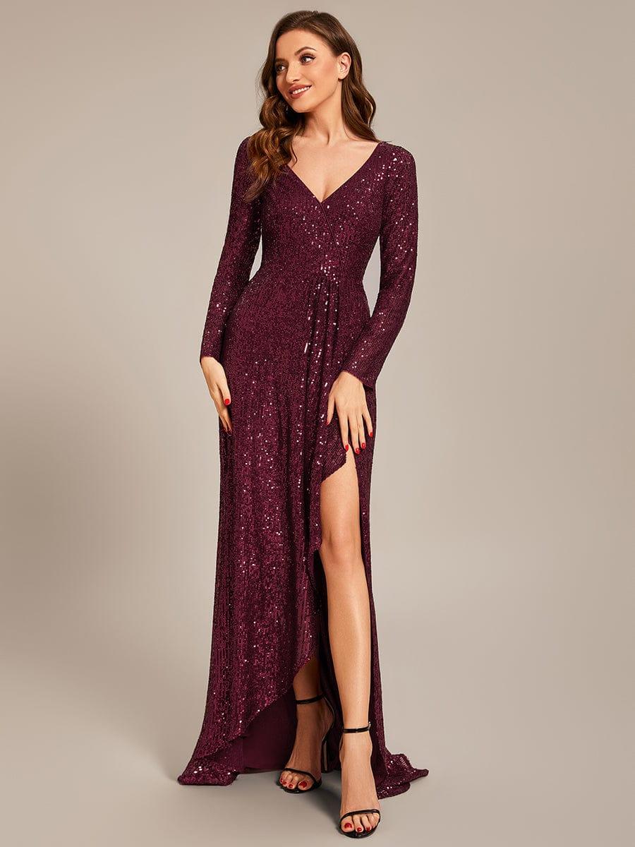 ever SYREN|Sequin Long Sleeve V-neck Asymmetrical Hem Evening Dress