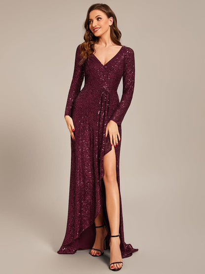 ever SYREN|Sequin Long Sleeve V-neck Asymmetrical Hem Evening Dress