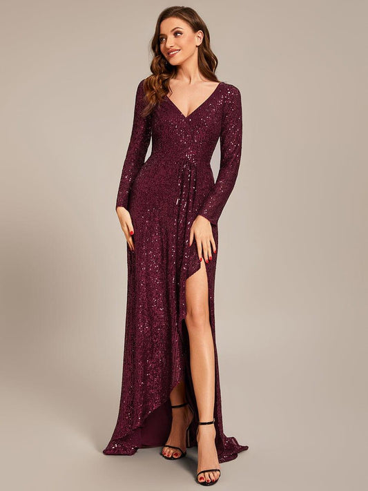 ever SYREN|Sequin Long Sleeve V-neck Asymmetrical Hem Evening Dress