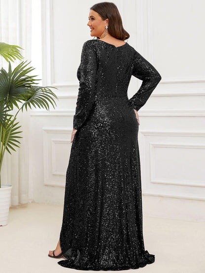 pretty SYREN|Plus Size Sequin V-Neck Long Sleeve High Slit Bodycon Evening Dress