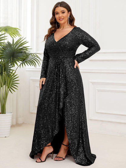 pretty SYREN|Plus Size Sequin V-Neck Long Sleeve High Slit Bodycon Evening Dress