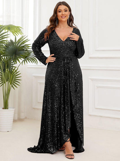 pretty SYREN|Plus Size Sequin V-Neck Long Sleeve High Slit Bodycon Evening Dress