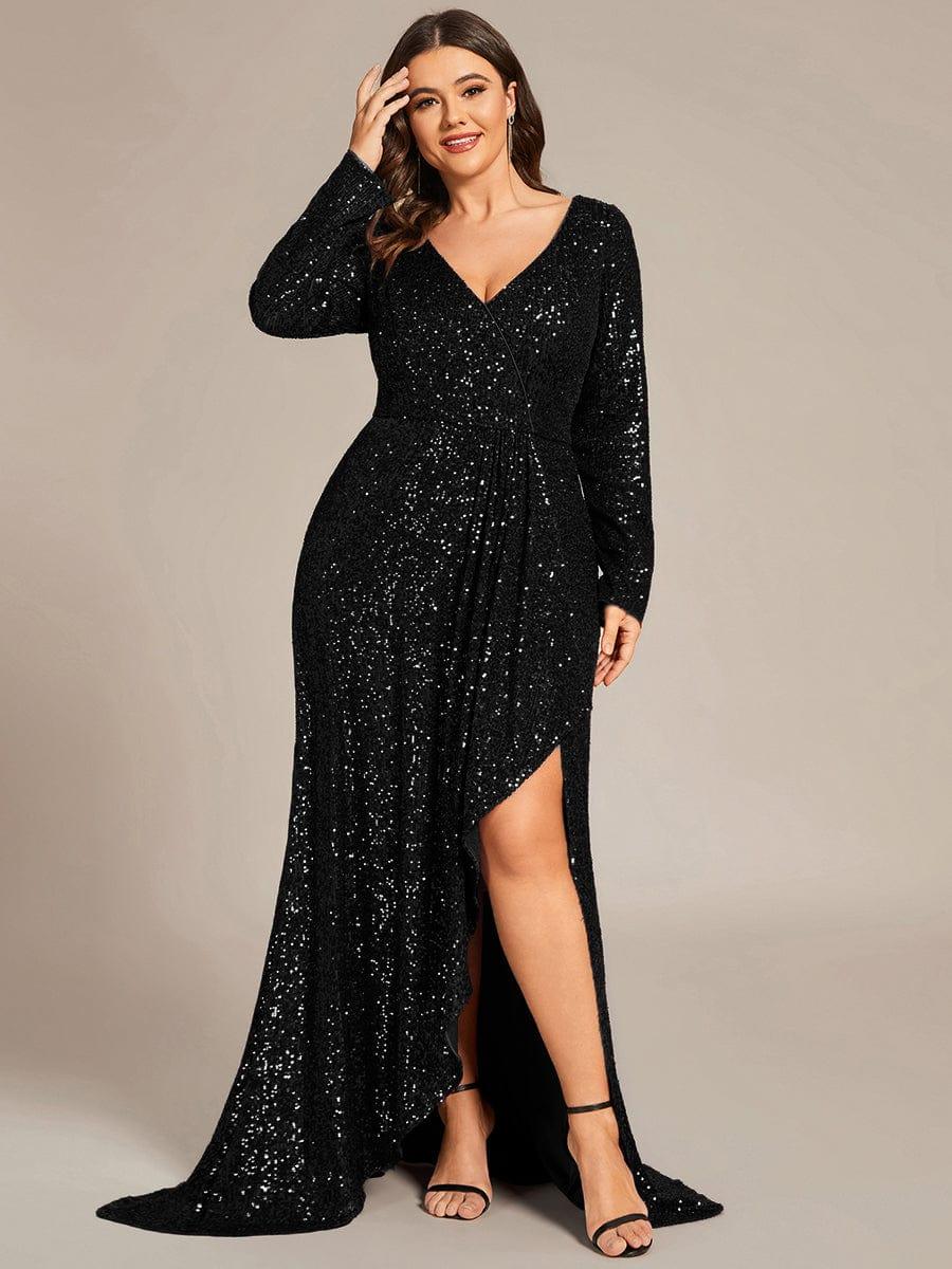 ever SYREN|Sequin Long Sleeve V-neck Asymmetrical Hem Evening Dress
