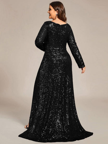 ever SYREN|Sequin Long Sleeve V-neck Asymmetrical Hem Evening Dress