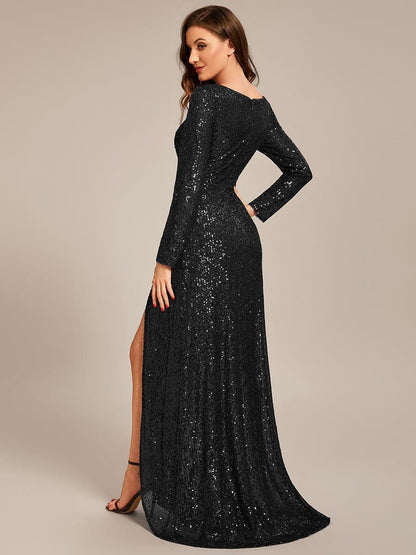 ever SYREN|Sequin Long Sleeve V-neck Asymmetrical Hem Evening Dress