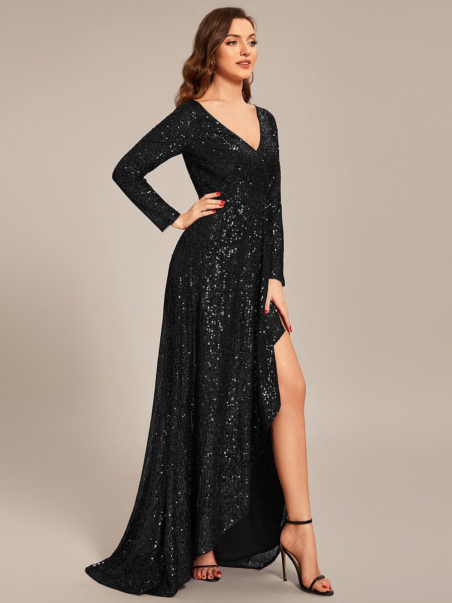 ever SYREN|Sequin Long Sleeve V-neck Asymmetrical Hem Evening Dress
