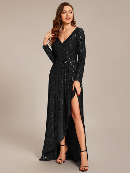 ever SYREN|Sequin Long Sleeve V-neck Asymmetrical Hem Evening Dress