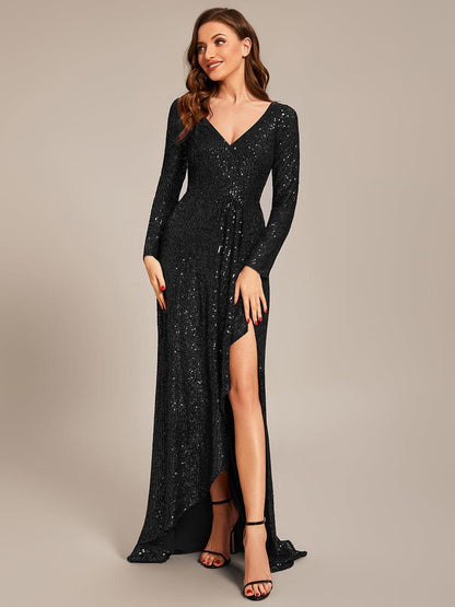 ever SYREN|Sequin Long Sleeve V-neck Asymmetrical Hem Evening Dress