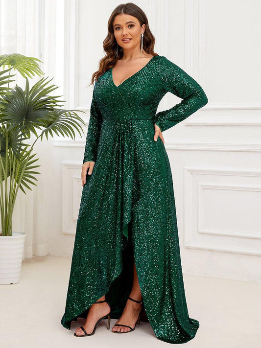 pretty SYREN|Plus Size Sequin V-Neck Long Sleeve High Slit Bodycon Evening Dress