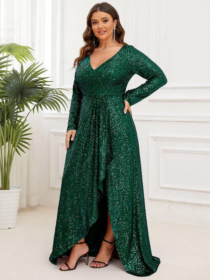 ever SYREN|Sequin Long Sleeve V-neck Asymmetrical Hem Evening Dress