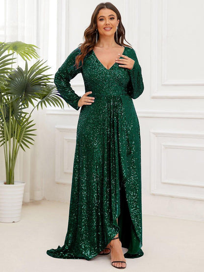 pretty SYREN|Plus Size Sequin V-Neck Long Sleeve High Slit Bodycon Evening Dress