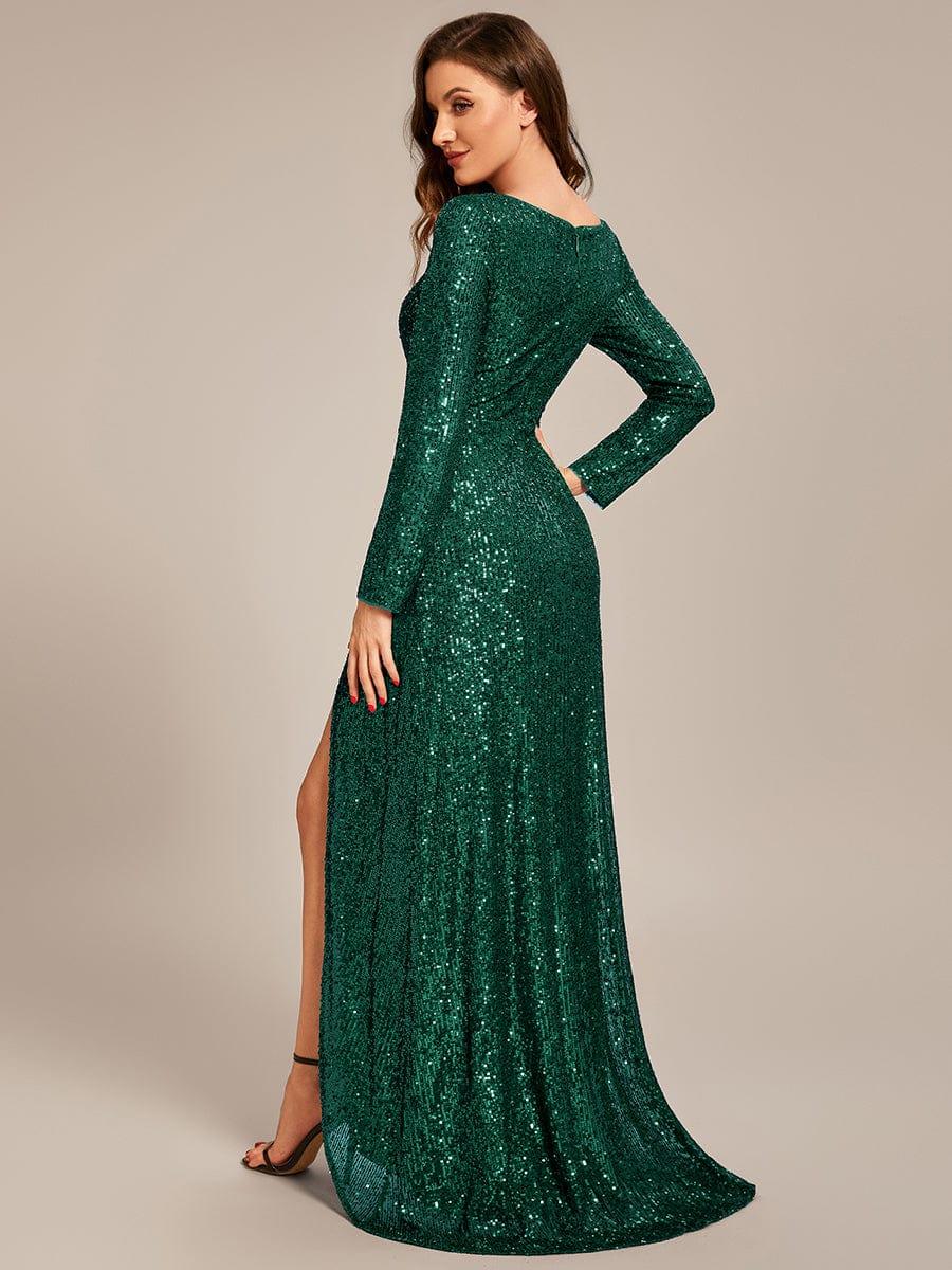 ever SYREN|Sequin Long Sleeve V-neck Asymmetrical Hem Evening Dress