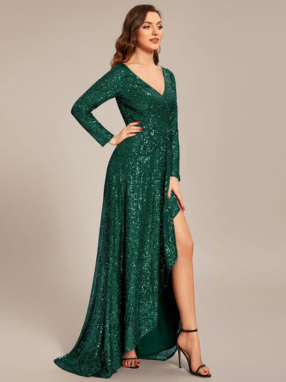ever SYREN|Sequin Long Sleeve V-neck Asymmetrical Hem Evening Dress