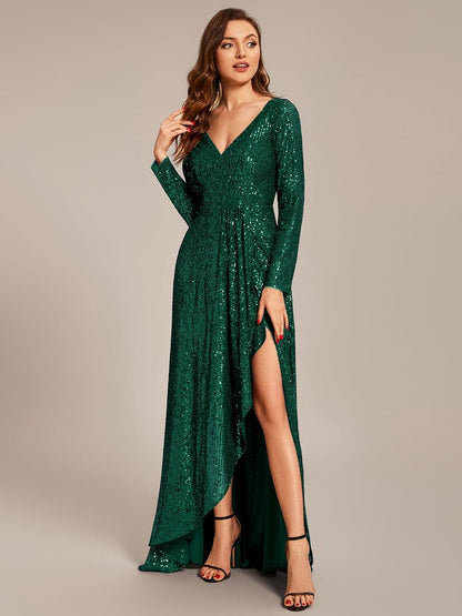 ever SYREN|Sequin Long Sleeve V-neck Asymmetrical Hem Evening Dress