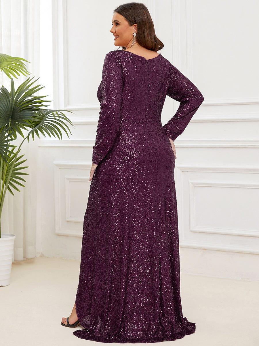 pretty SYREN|Plus Size Sequin V-Neck Long Sleeve High Slit Bodycon Evening Dress