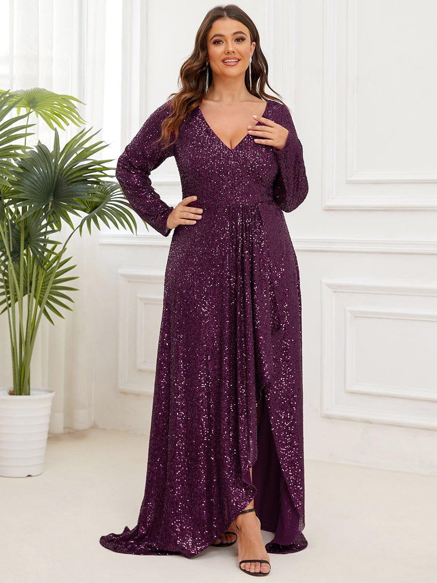 pretty SYREN|Plus Size Sequin V-Neck Long Sleeve High Slit Bodycon Evening Dress