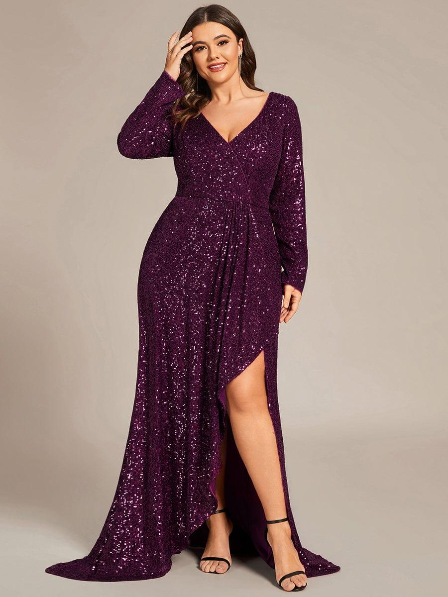 ever SYREN|Sequin Long Sleeve V-neck Asymmetrical Hem Evening Dress