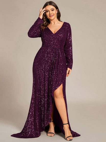 pretty SYREN|Plus Size Sequin V-Neck Long Sleeve High Slit Bodycon Evening Dress