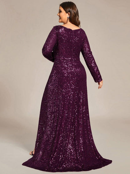 ever SYREN|Sequin Long Sleeve V-neck Asymmetrical Hem Evening Dress