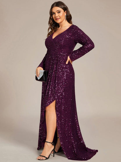 ever SYREN|Sequin Long Sleeve V-neck Asymmetrical Hem Evening Dress