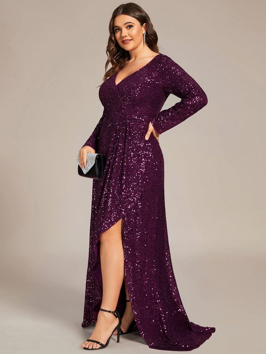 pretty SYREN|Plus Size Sequin V-Neck Long Sleeve High Slit Bodycon Evening Dress
