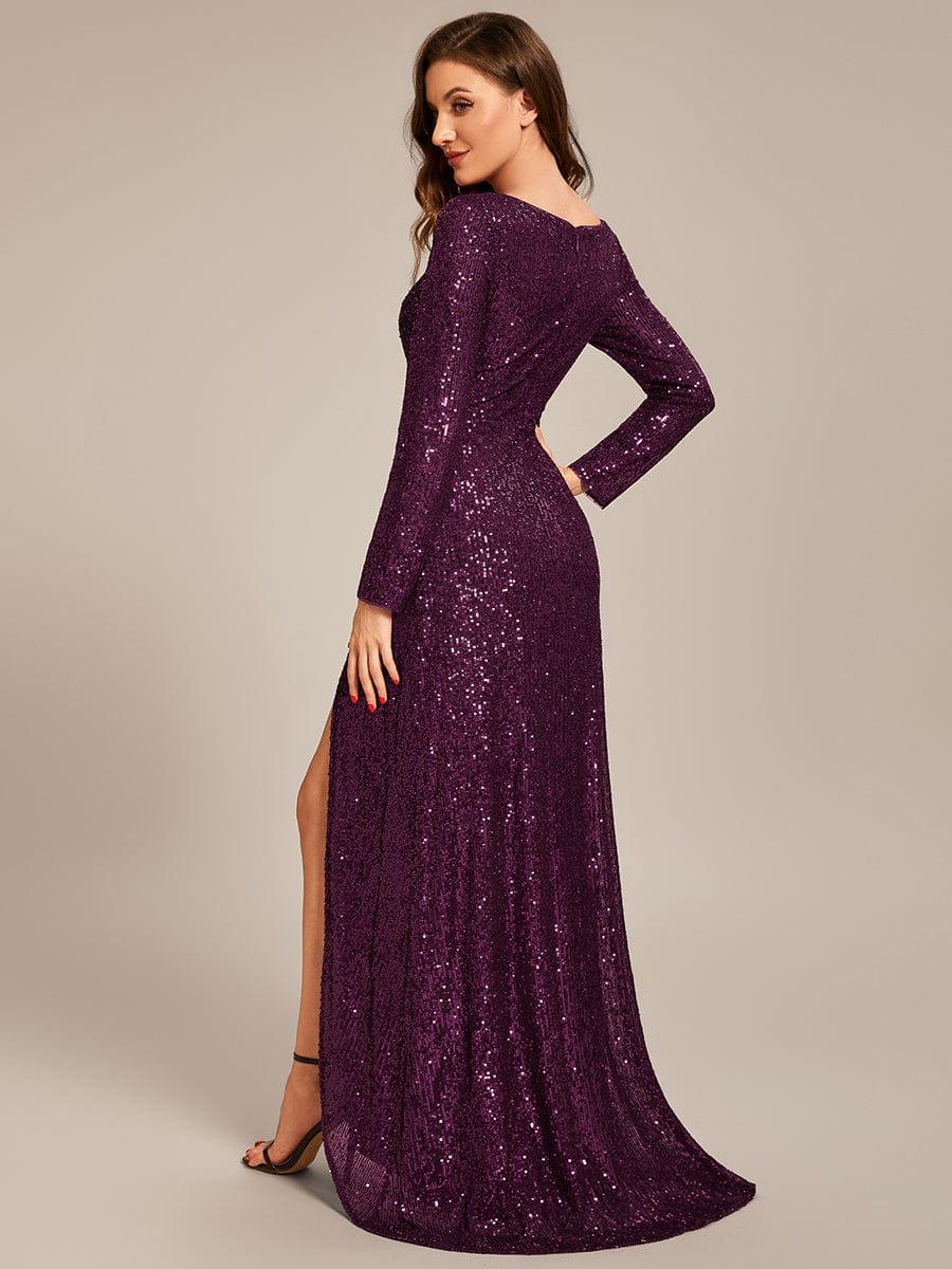 ever SYREN|Sequin Long Sleeve V-neck Asymmetrical Hem Evening Dress