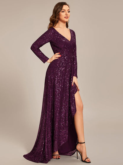 ever SYREN|Sequin Long Sleeve V-neck Asymmetrical Hem Evening Dress