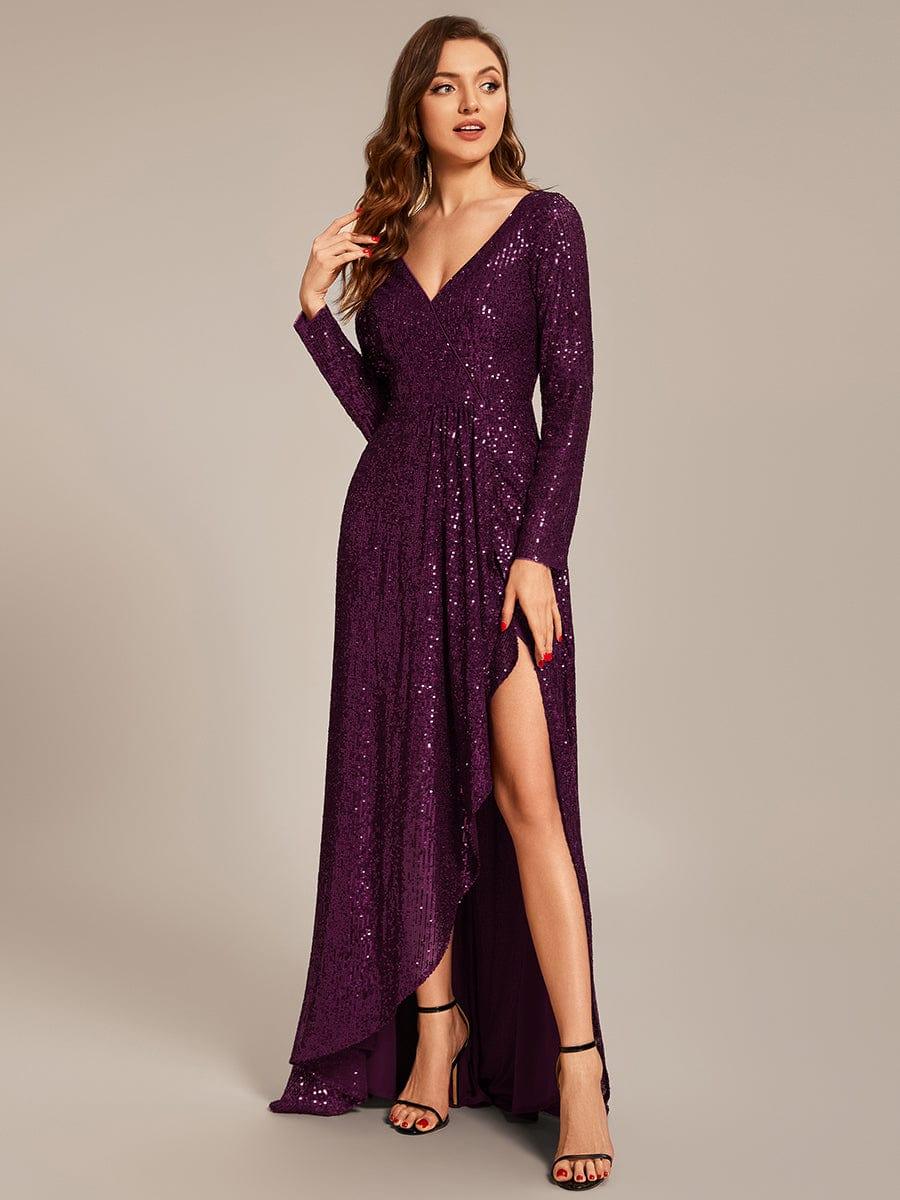 ever SYREN|Sequin Long Sleeve V-neck Asymmetrical Hem Evening Dress
