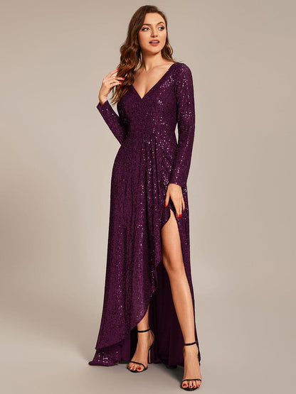 ever SYREN|Sequin Long Sleeve V-neck Asymmetrical Hem Evening Dress