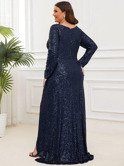 pretty SYREN|Plus Size Sequin V-Neck Long Sleeve High Slit Bodycon Evening Dress