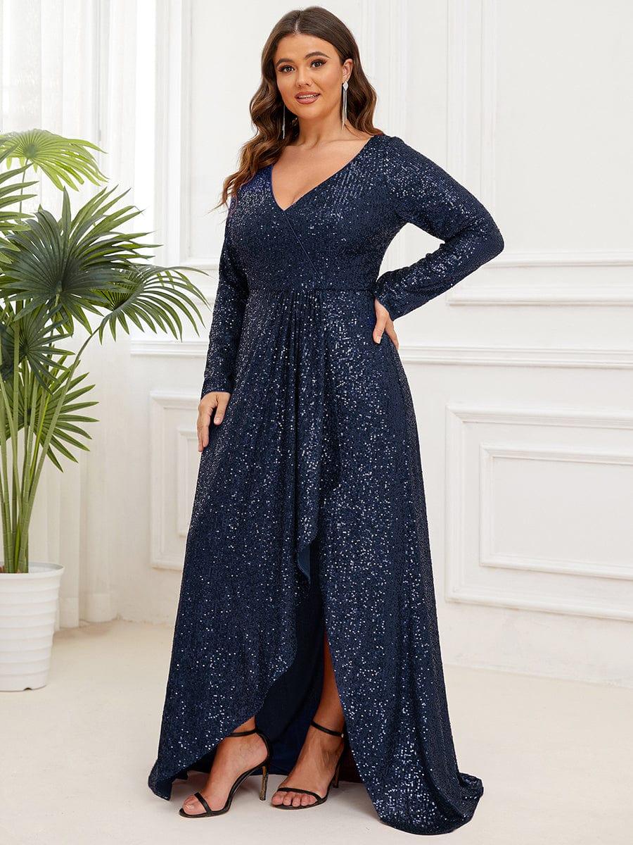 pretty SYREN|Plus Size Sequin V-Neck Long Sleeve High Slit Bodycon Evening Dress