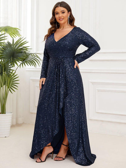 pretty SYREN|Plus Size Sequin V-Neck Long Sleeve High Slit Bodycon Evening Dress