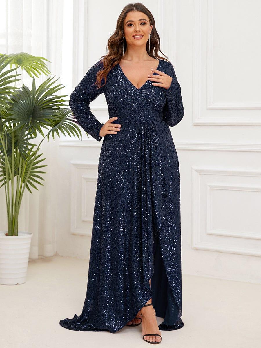 pretty SYREN|Plus Size Sequin V-Neck Long Sleeve High Slit Bodycon Evening Dress