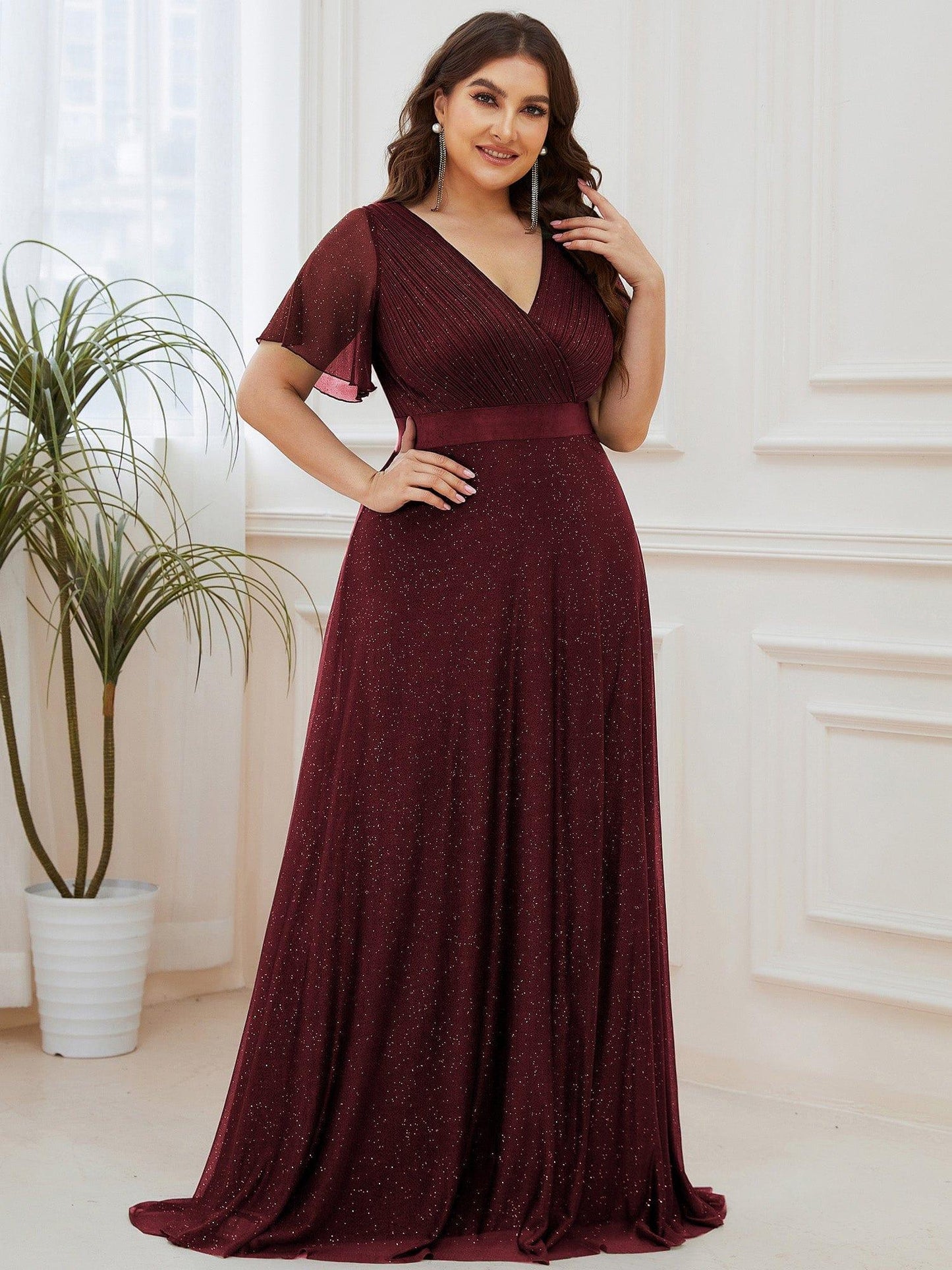 ever LIORÉ|Plus Size V Neck Ribbon Waist Formal Evening Dress With Sleeves