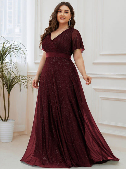 ever LIORÉ|Plus Size V Neck Ribbon Waist Formal Evening Dress With Sleeves