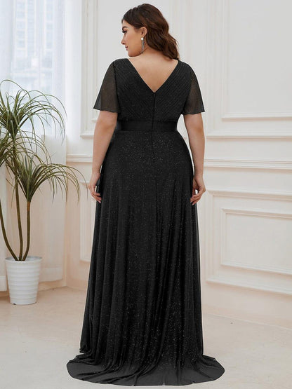 ever LIORÉ|Plus Size V Neck Ribbon Waist Formal Evening Dress With Sleeves