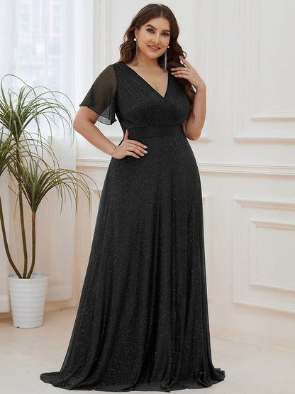 ever LIORÉ|Plus Size V Neck Ribbon Waist Formal Evening Dress With Sleeves