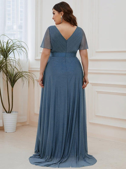 ever LIORÉ|Plus Size V Neck Ribbon Waist Formal Evening Dress With Sleeves