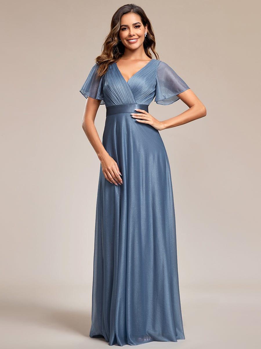 ever LIORÉ|Sparkling Short Sleeve V-Neck Ribbon Waist A-Line Bridesmaid Dress