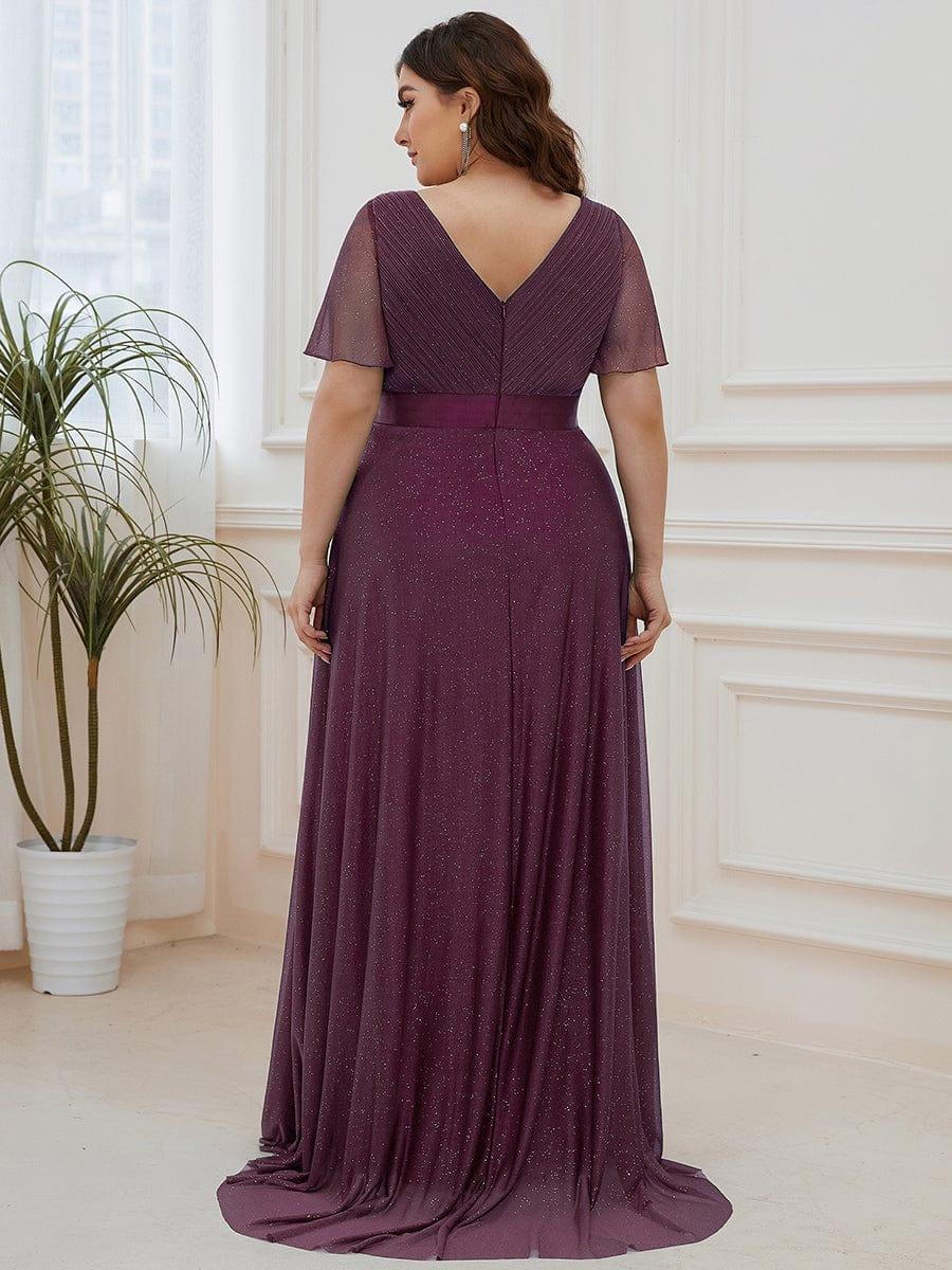 ever LIORÉ|Plus Size V Neck Ribbon Waist Formal Evening Dress With Sleeves
