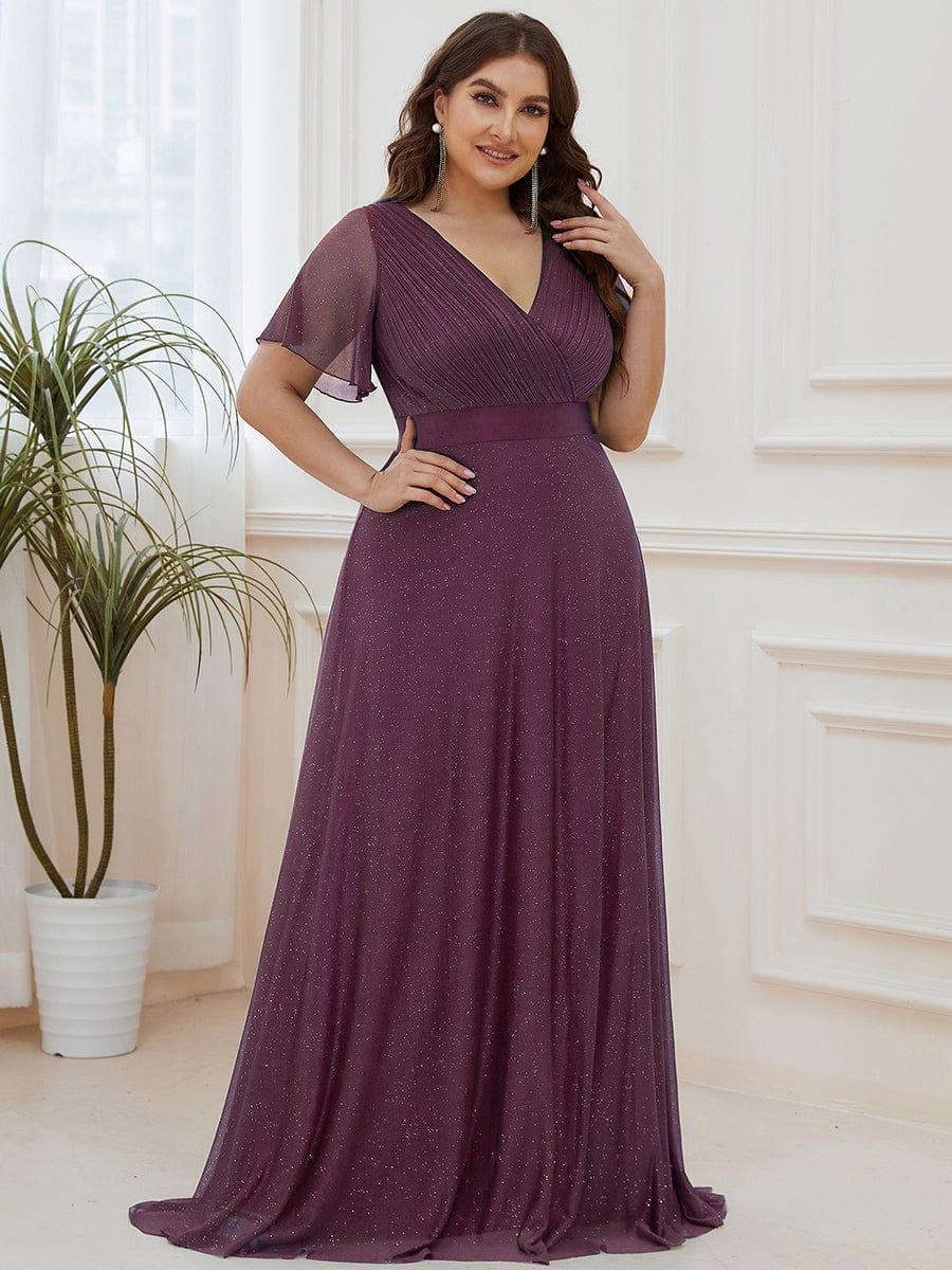ever LIORÉ|Plus Size V Neck Ribbon Waist Formal Evening Dress With Sleeves