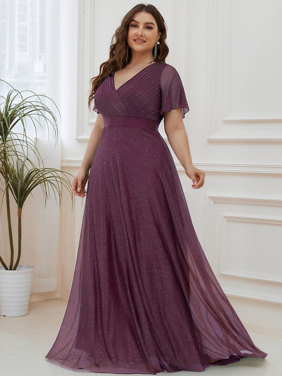 ever LIORÉ|Plus Size V Neck Ribbon Waist Formal Evening Dress With Sleeves