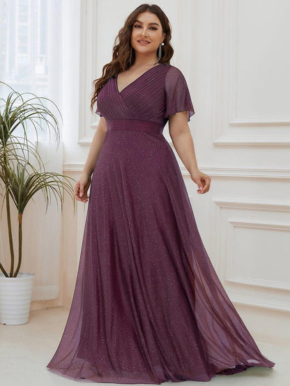 ever LIORÉ|Plus Size V Neck Ribbon Waist Formal Evening Dress With Sleeves