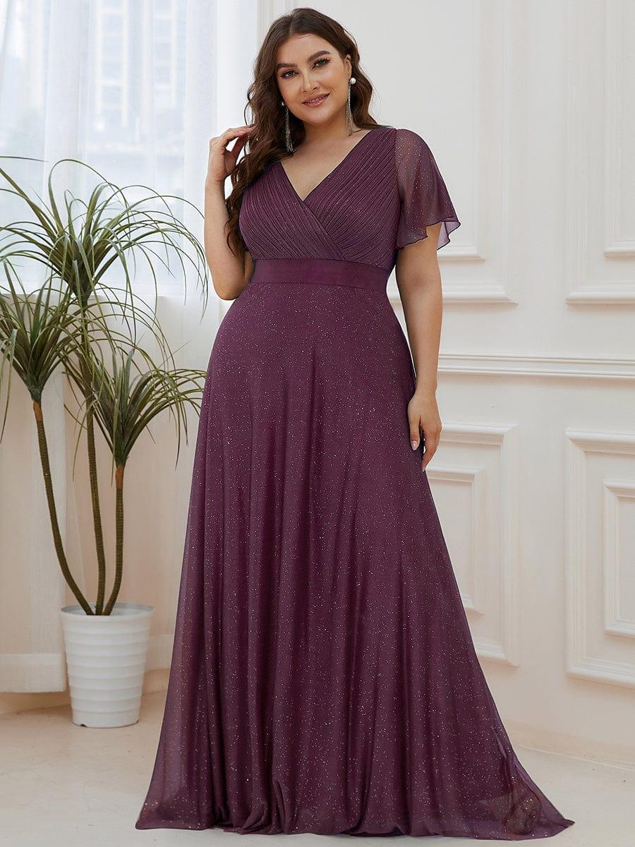 ever LIORÉ|Sparkling Short Sleeve V-Neck Ribbon Waist A-Line Bridesmaid Dress