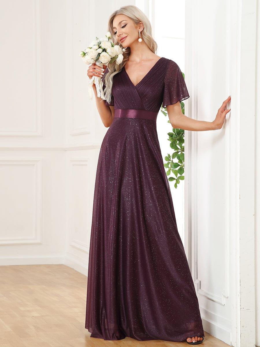 ever LIORÉ|Sparkling Short Sleeve V-Neck Ribbon Waist A-Line Bridesmaid Dress