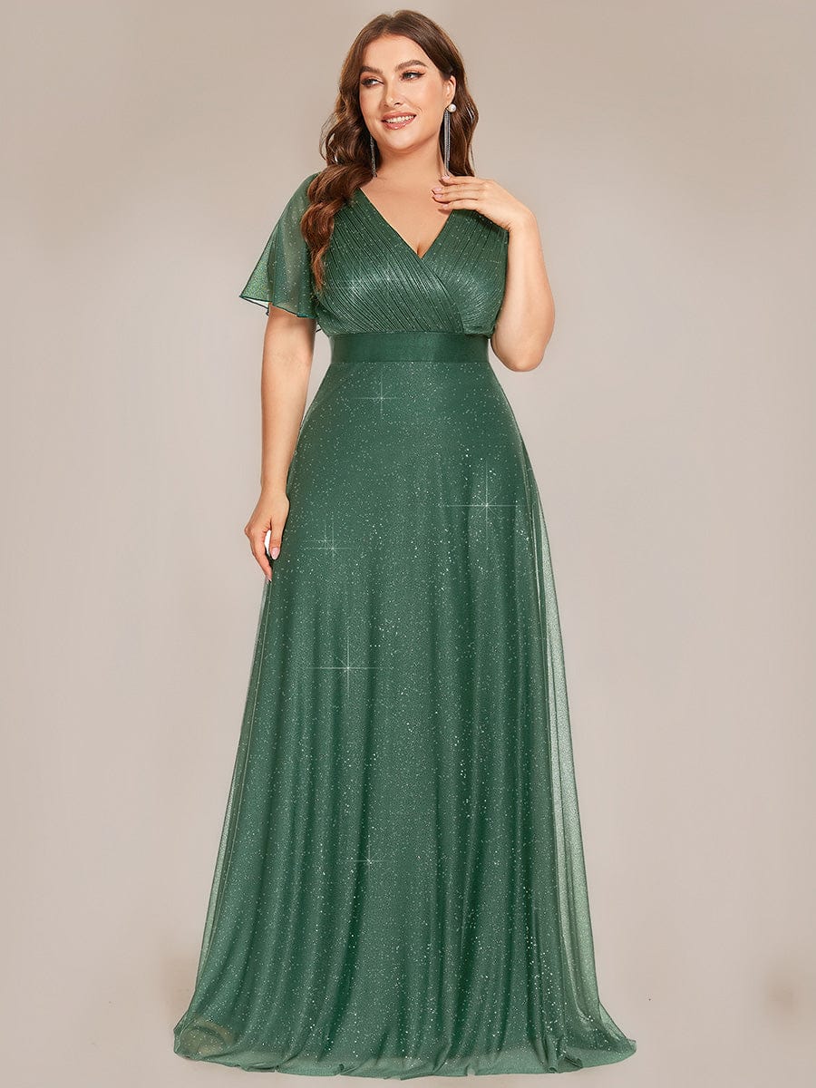 ever LIORÉ|Plus Size V Neck Ribbon Waist Formal Evening Dress With Sleeves