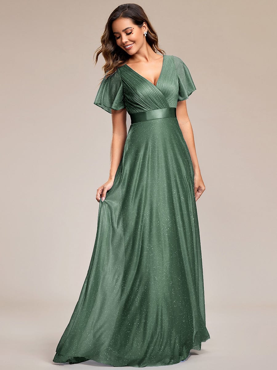ever LIORÉ|Glitter Short Sleeve V-Neck  A-Line Wedding Guest Dress
